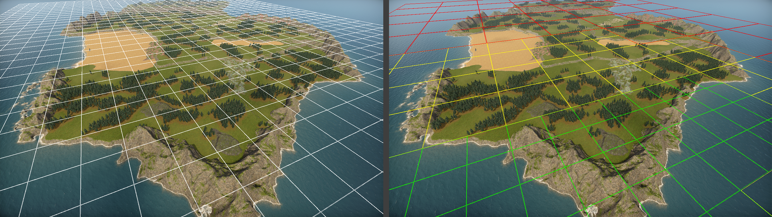 Comparison of rendered terrain chunks before (left) and after LOD (right) optimization. Chunks further away from the camera are larger but have the same amount of vertices, reducing load on the GPU that has to process less vertices in total.