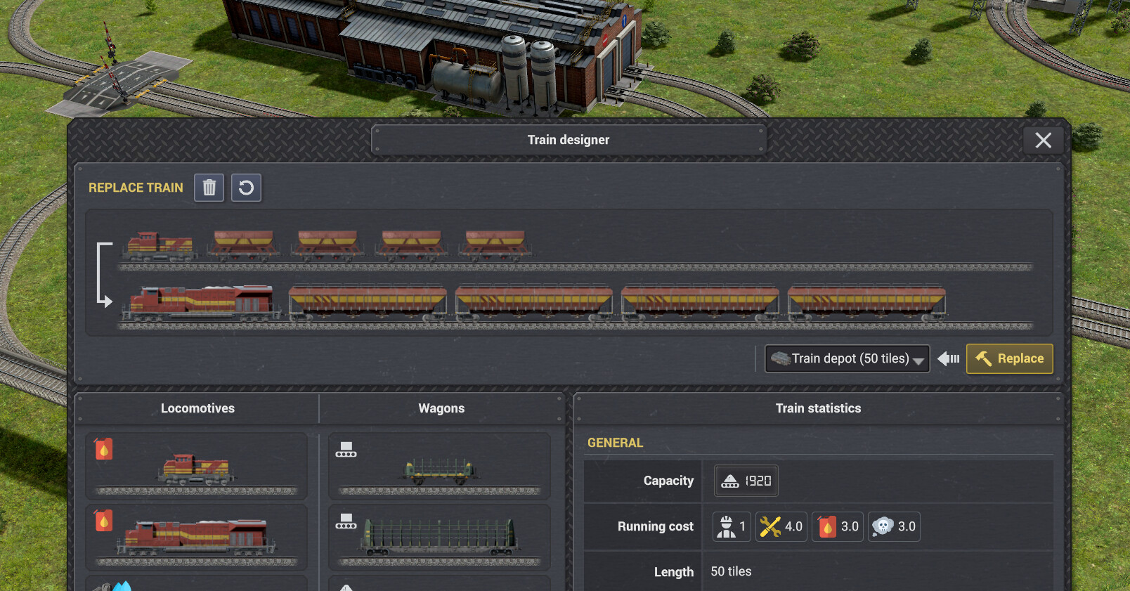 Moreover, you can also replace all the trains in a particular train line. Trains are grouped by their design, you just select in the dropdown which design you want to change, and your depot will handle the rest!