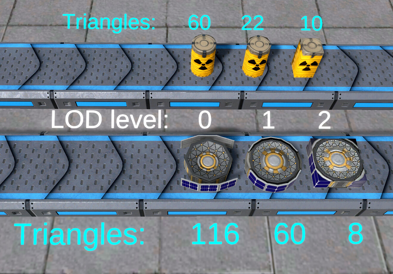 Example LOD meshes created to optimize products rendering together with their respective triangle counts.