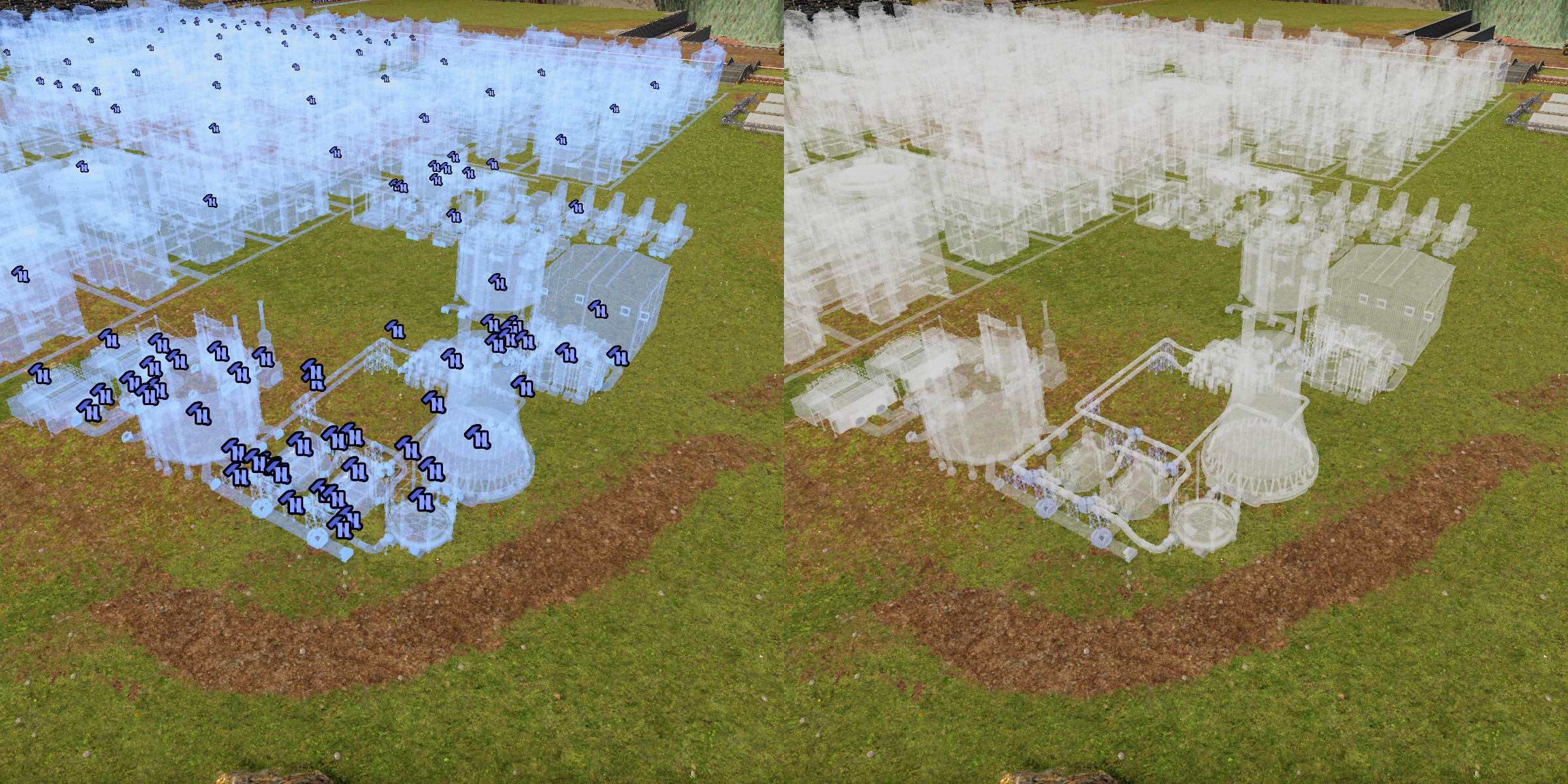 Old rendering with construction pause icons (left) and new rendering with gray ghosts representing buildings with paused construction (right)
