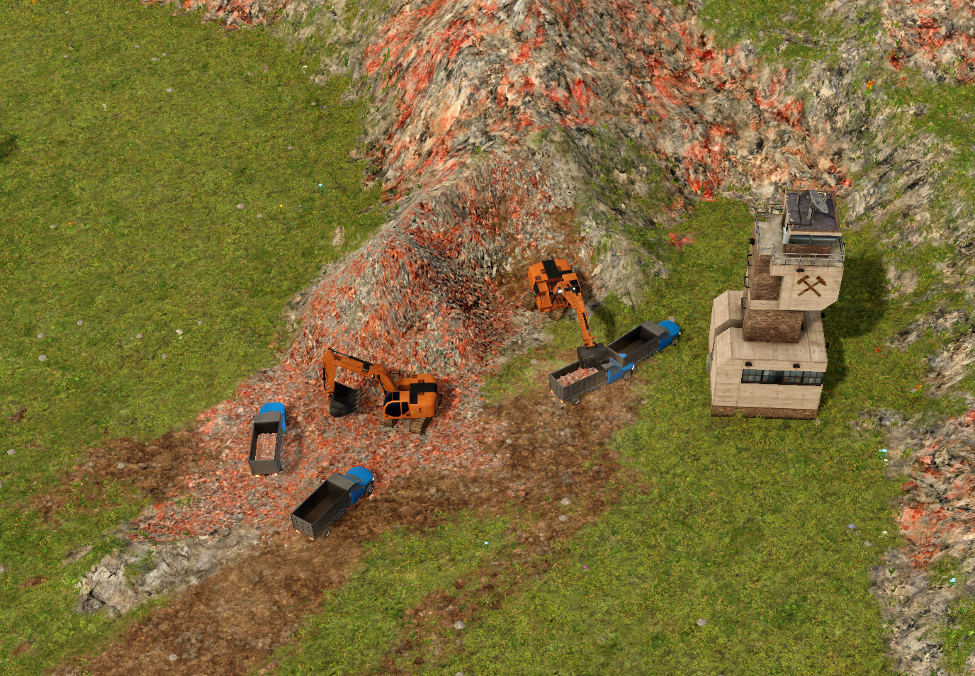 Example of disrupted grass into dirt and iron ore into smaller rocks in a mine.