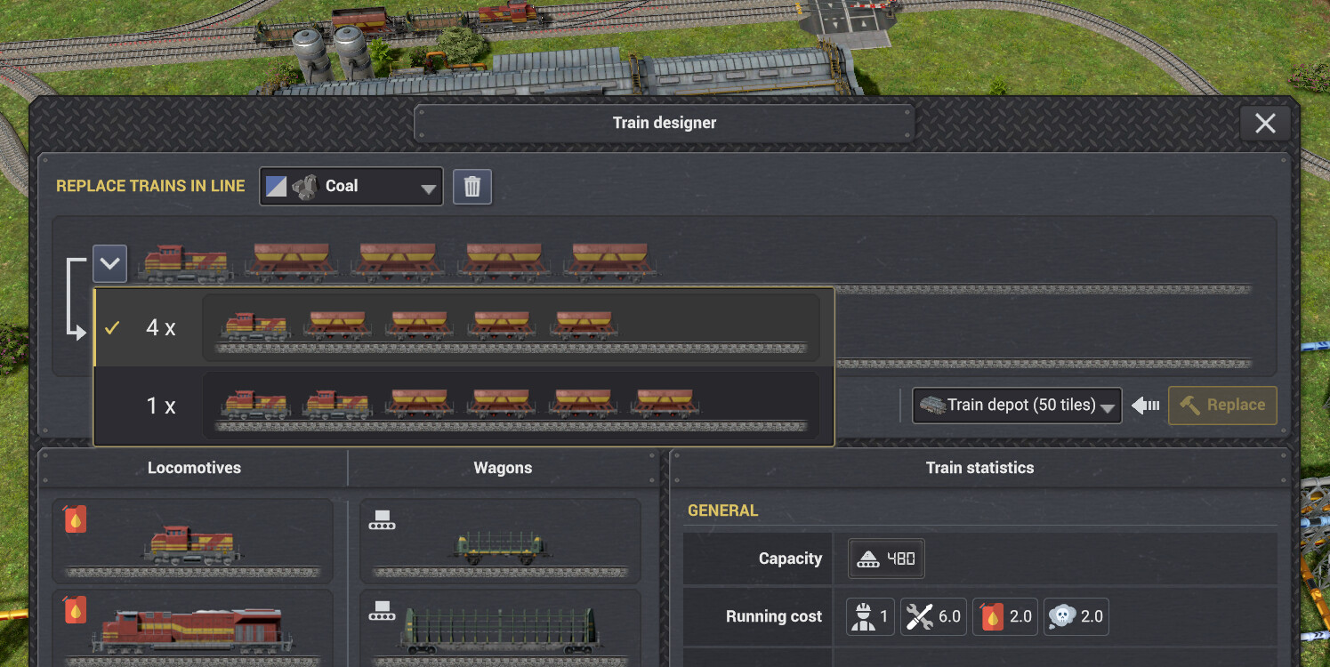 New train replacement UI. Set a new design, confirm, and a train depot will start producing the new train. Once the train is ready, the old one will be recalled for replacement. The depot will also try to migrate the cargo and fuel.