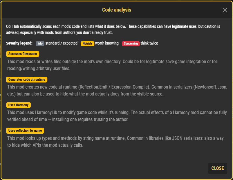 Code analysis results popup.