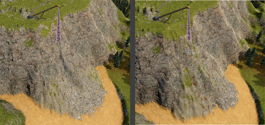 A trash being dumped over a cliff. Notice that on the old version it was sliding all the way down (left) but in the new version (right) a small amount is scattered on the cliff wall.
