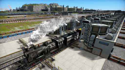 A steam locomotive pulling into a cargo yard