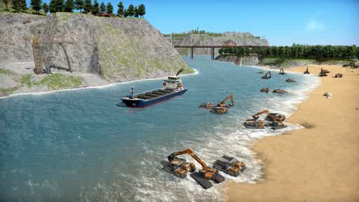 Excavators cutting a shipping channel through the coast