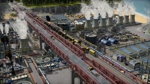 Heavy industry under elevated gantries, cooling towers behind
