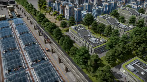 Greenhouses and rail on the edge of a high-rise district