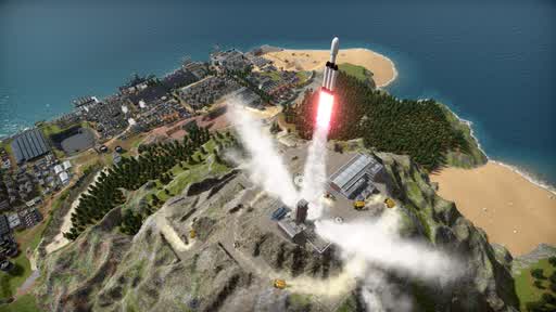 A rocket climbing away from the island